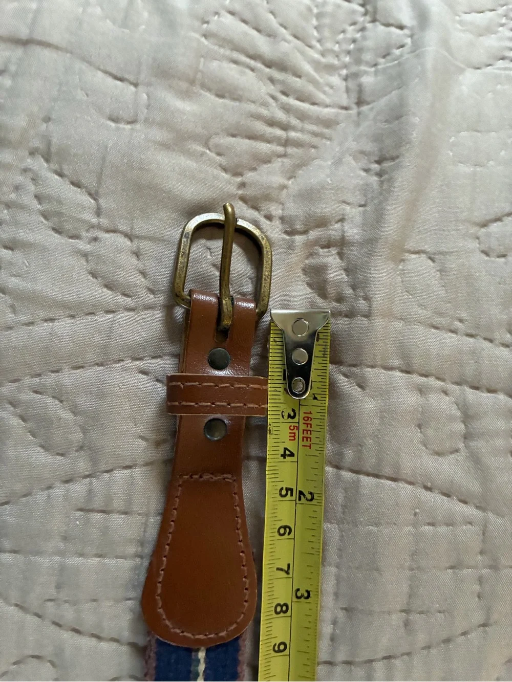 Mens Size 36 Surcingle Belt Striped Canvas Webbing Leather Trim Brass Buckle